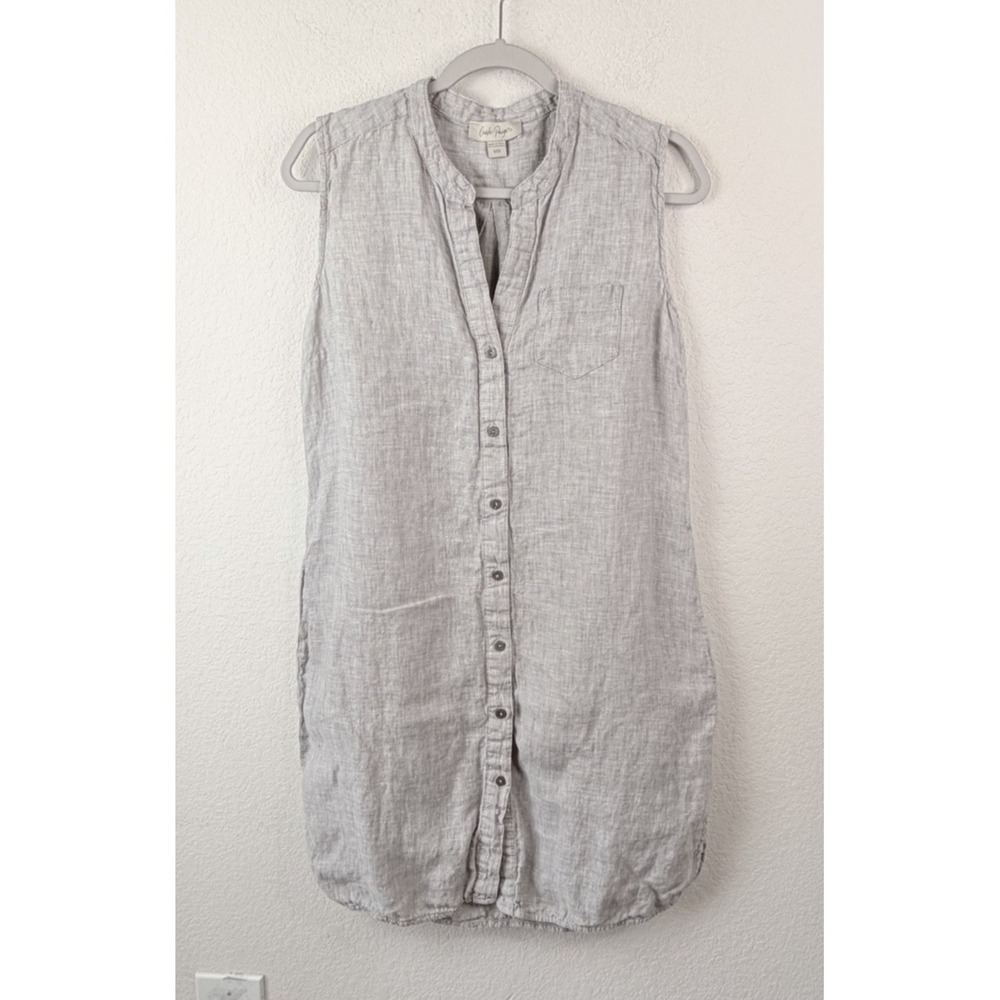 Charlie Paige 100% Linen Shirt Dress Sz M Gray Sleeveless Button Front Coastal